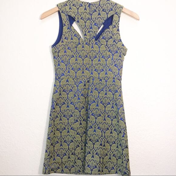 ASTR Jacquard Green Blue Mini Dress Retro Sleeveless Paisley Y2K Cut Out - Picture 4 of 6